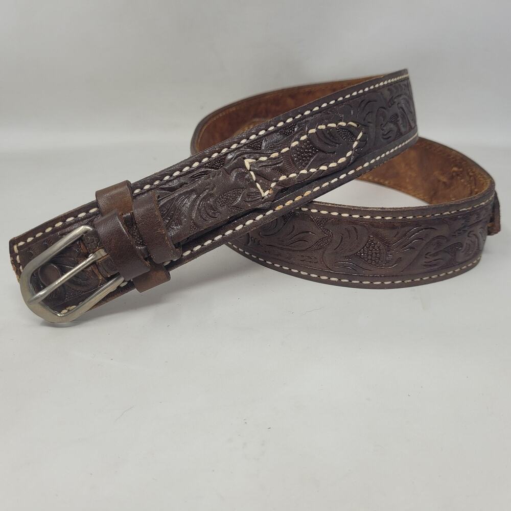 Brown Leather Belt Mens 36 Tooled Western Cowboy Floral Rodeo Ranch Americana